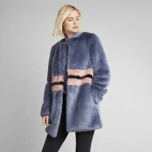 Shrimps Frederica Blue Pink Black Striped Colorblock Agnes Faux Fur Long Coat